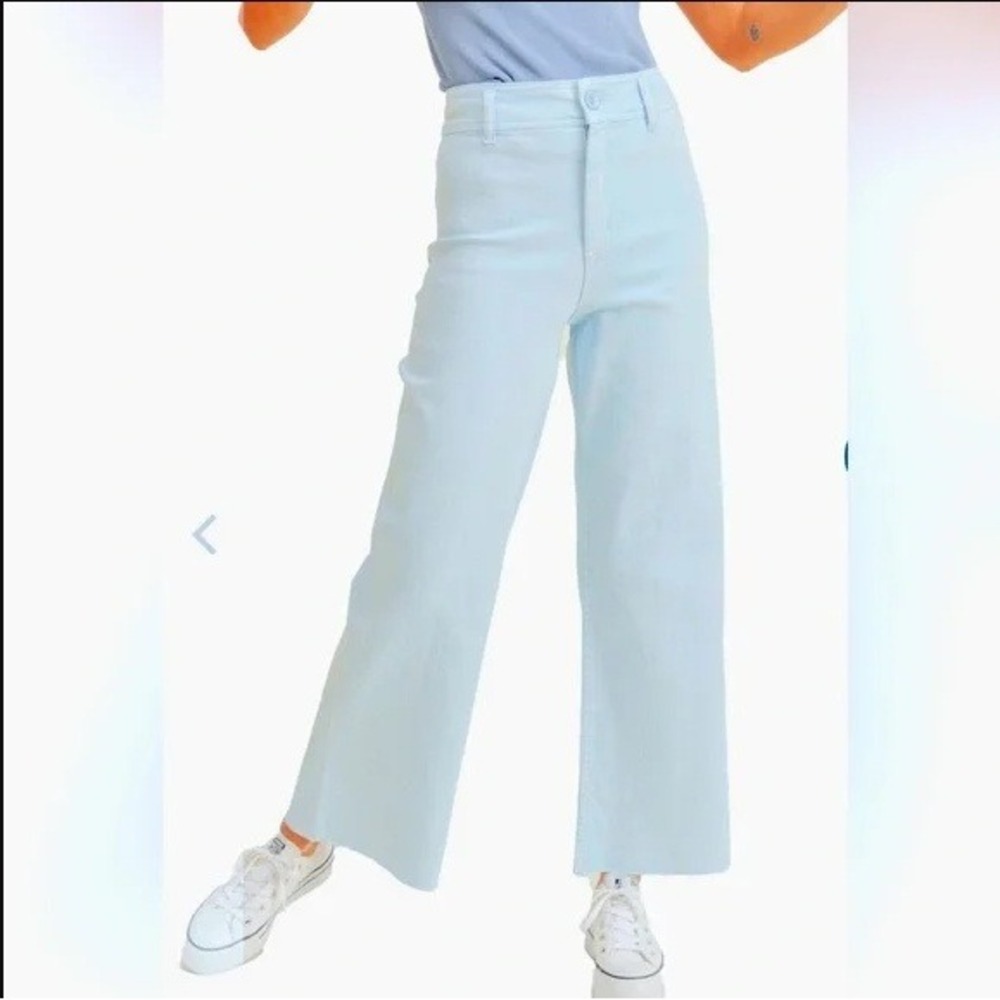 Miou Muse Straight Wide‎ Leg Denim Pants Front Pockets Light Blue Large Raw Hem